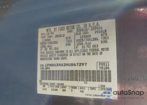 1991 Ford Explorer z USA, uszkodzony, nr VIN 1FMDU34X3MUB67297